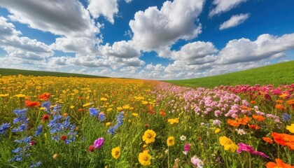 A field of flowers with a blue sky in the background