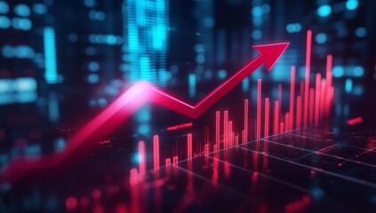 3D Red Arrow Pointing Up Through Bar Graph. Stock Market Growth and Business Success Concept.