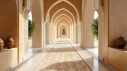 Elegant Indian-Inspired Modern Passageway with Symmetrical Arches, Patterned Tile Walkway, and Traditional Pottery Display Niche, Cinematic Ultra-Detailed Image