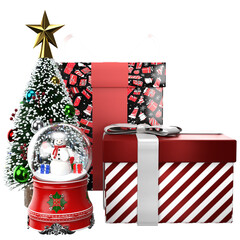 Festive 3D renderings of Christmas gifts and a glass ball with a snowman inside. Ideal for holiday designs, the composition captures the magic and charm of the festive season. 3D Illustration 