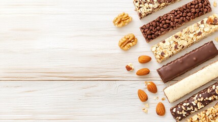 Delicious and Nutritious Granola Bars: A variety of granola bars arranged on a rustic white wooden surface, accompanied by almonds and walnuts.