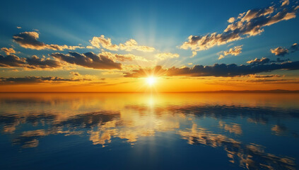 Fototapeta premium Golden sunset reflections on the sea, under a vibrant evening sky filled with warm colors.