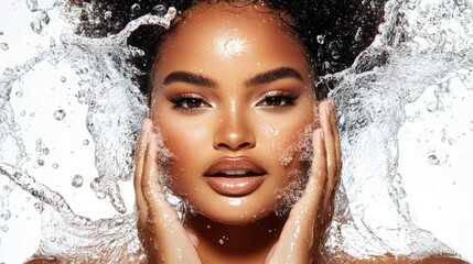 Obraz premium Water Splash Beauty: A radiant woman emerges from a refreshing water splash, her skin glowing with natural beauty. Her captivating gaze and effortless confidence capture the essence of pure.