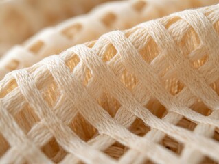 Close-up View of Textured Woven Fabric with Soft Cream Color and Intricate Pattern for Textiles and Design Projects