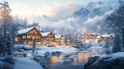 Obraz premium Winter wonderland cabin retreat mountain river scenic landscape