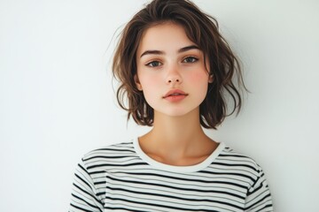 Fototapeta premium Young woman in striped t shirt with short hair posing confidently