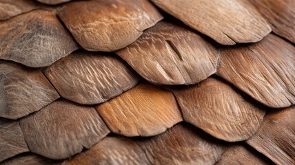 Fototapeta premium Natural Wooden Shingles Texture, Close-Up View of Brown Wooden Roof Tiles, Organic Pattern and Natural Material Background