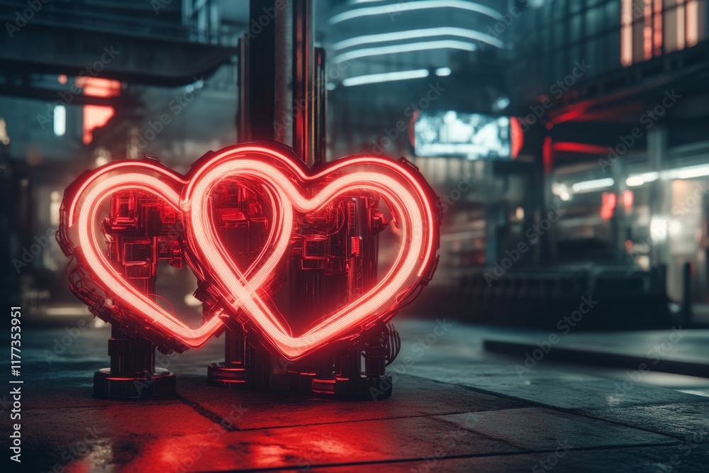 Poster Two glowing cyberpunk-style hearts connected by pulsating neon wires, set in a futuristic cityscape with holographic elements