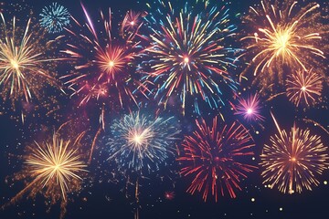 Naklejka premium Elegant fireworks display against a dark blue sky, capturing the essence of a New Year celebration with vibrant bursts and sparks, high-resolution stock photo with copy space for text
