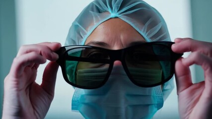 Horizontal video, doctor demonstrates black sunglasses, UV filter
