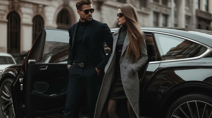 Fashionable couple stepping out of a luxury car