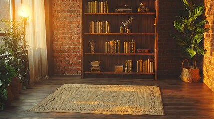 Cozy Indian-Inspired Modern Interior with Tall Bookshelf and Brass Knick-Knacks in Cinematic Lighting