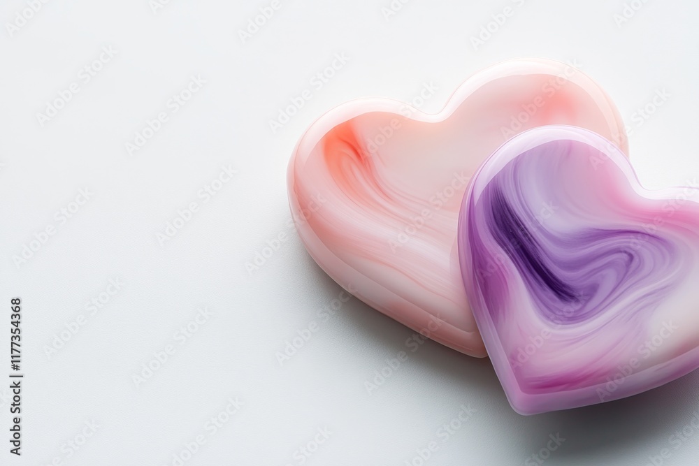 Poster two heart shapes filled with soft gradient hues of pink and purple, positioned symmetrically on a cl