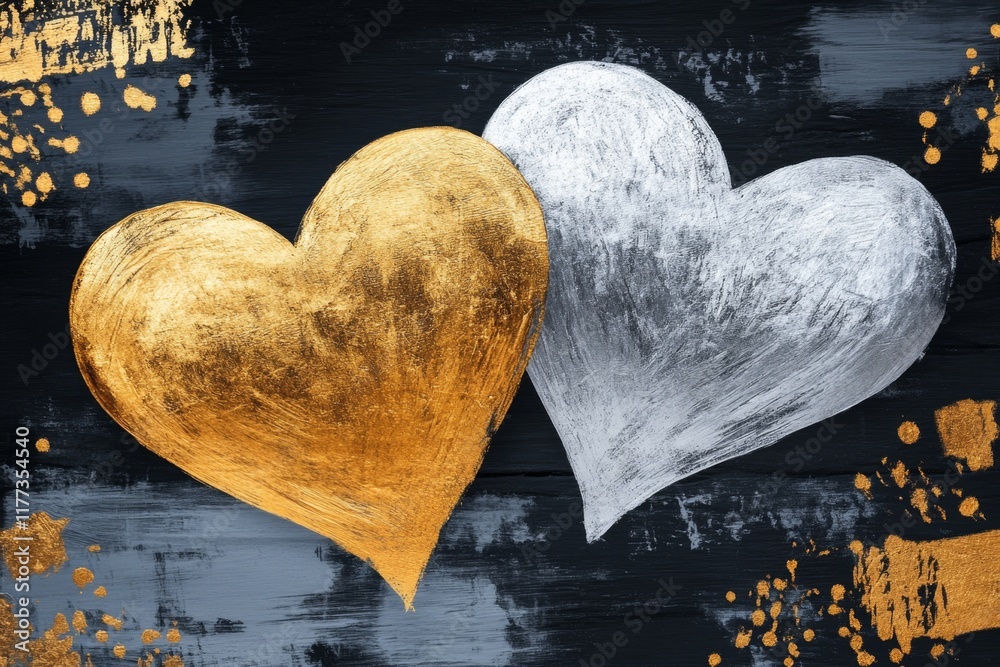 Poster two heart outlines sketched in gold and silver, drawn with sharp, clean lines on a dark grey backgro