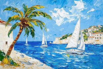 Colorful Impressionistic Painting of a Coastal Town with Sailboats and Palm Trees