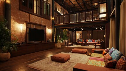 Vibrant Indian-Inspired Modern Loft Entertainment Area with Colorful Layered Floor Seating and Dark Mahogany TV Console under Subtle Track Lights - Cinematic Ultra-Detailed Image