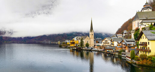 Historic Hallstatt, Austria. Beautiful lakeside village with colorful houses and stunning mountain views. Picturesque village in the Salzkammergut region. UNESCO site.