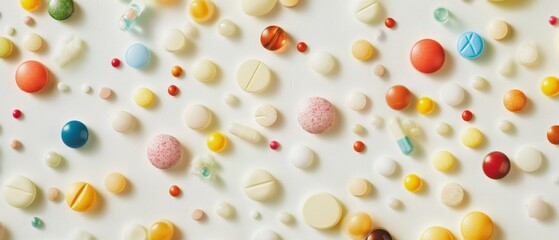 colorful assortment of pills and capsules on white background
