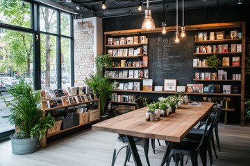 A typography quote on a chalkboard surrounded by decorative elements in a cozy bookstore