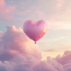 Fototapeta premium Heart-shaped balloon floating among pastel clouds during sunset