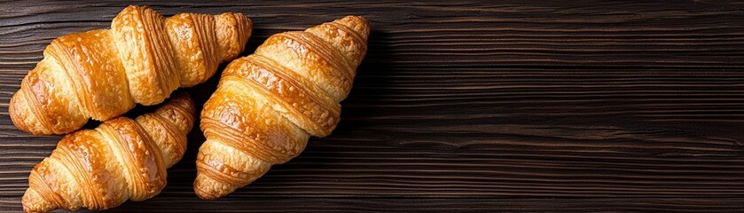 Freshly Baked Croissants on Rustic Wooden Table with Warm Golden Brown Crust and Texture