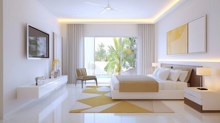 Fototapeta premium Contemporary Indian Fusion: Guest Bedroom with Geometric Indian Rug and Statement Art Piece