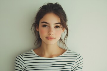 Obraz premium Young woman in striped t shirt posing confidently against minimalist background