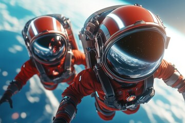 A vibrant 3D illustration of identical twins dressed as astronauts, floating together in space with Earth in the background