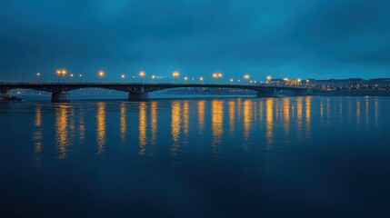 Fototapeta premium A serene nighttime view of a bridge reflecting lights on the water's surface.