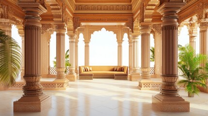 Naklejka premium Elegant Fusion: Contemporary Indian-Style Lobby with Carved Pillars and Vibrant Textile Upholstery