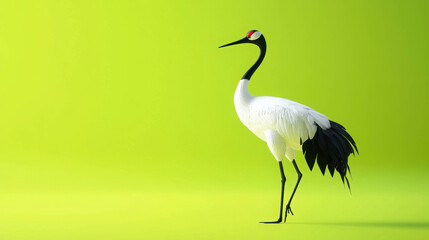 Naklejka premium Calm and Graceful 3D Animated Crane Bird on Vibrant Green Background