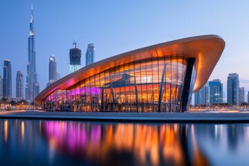 Fototapeta premium A vibrant image of the Dubai Opera House at night, with its dhow-inspired design illuminated by colorful lights
