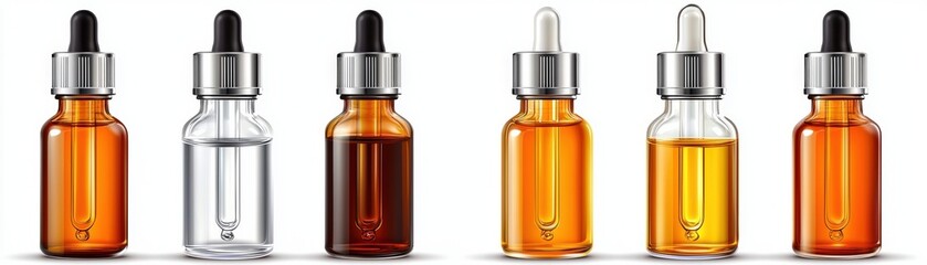 Selection of Various Essential Oils in Glass Bottles with Dropper Caps for Aromatherapy Use