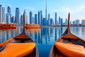 A view of Dubai Creek with traditional wooden dhows and the modern skyline in the background