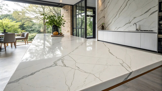 Modern kitchen interior featuring polished stone slab and minimalist design with natural light.