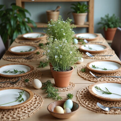 Fresh Spring Easter Table Arrangement with Potted Plants and Natural Elements
