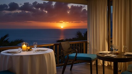 Fototapeta premium Ein romantischer Sonnenuntergang in einem luxuriösen Hotel in den Tropen bietet einen atemberaubenden Panoramablick auf die goldenen Sonnenstrahlen