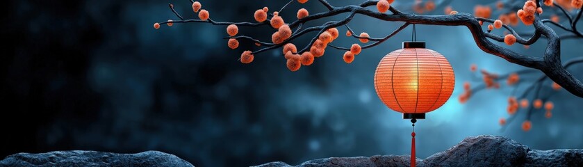 Tranquil Scene of Cherry Blossom Branch with Lantern at Night in Enchanted Dreamlike Setting