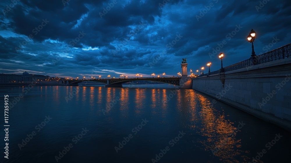 Aufkleber a serene riverside view at dusk, featuring a bridge and lampposts reflecting in the water.