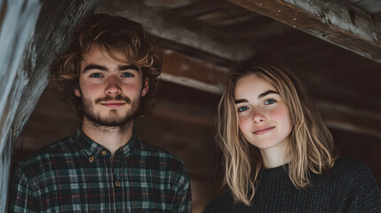 Young couple, rustic setting, portrait photography, intimate mood, casual attire, natural light.