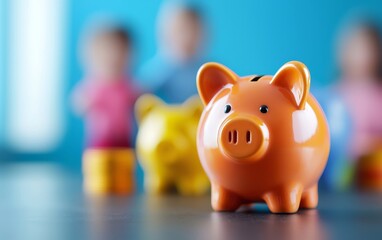 A colorful orange piggy bank in the foreground, with blurred children in the background, emphasizing savings and financial education for kids.