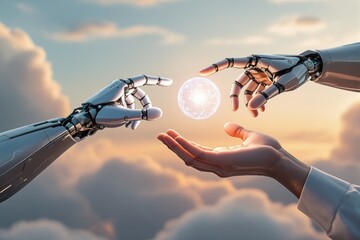 Robotic and human hands exchanging a glowing sphere against a cloudy sunset sky. Futuristic concept of AI-human collaboration and technology advancement. Ai generative