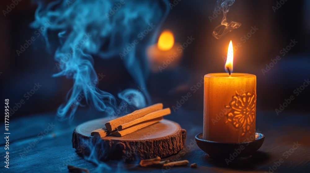 Poster a serene scene featuring a candle and incense sticks, creating a calming atmosphere.
