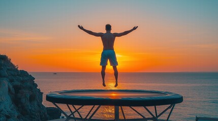 Fototapeta premium Man Jumping on Trampoline at Sunset