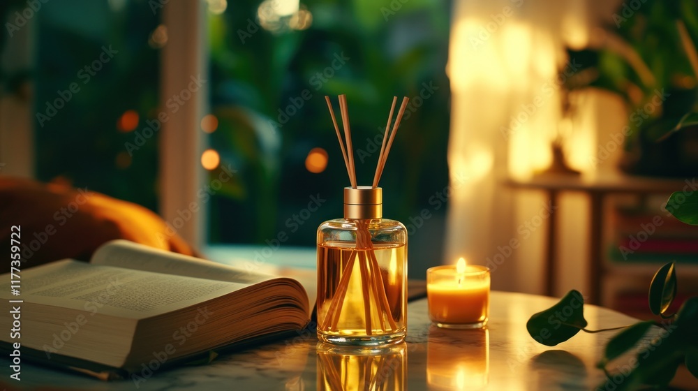 Poster a serene setting featuring a diffuser, candle, and an open book, creating a cozy atmosphere.