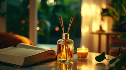 A serene setting featuring a diffuser, candle, and an open book, creating a cozy atmosphere.