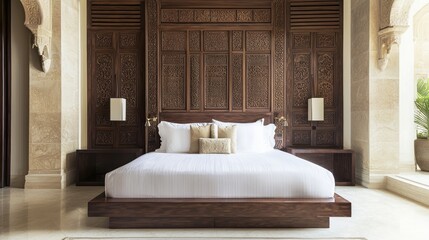 Contemporary Elegance: Indian-Inspired Master Suite with Intricate Wooden Divider and Cinematic Bed Setting