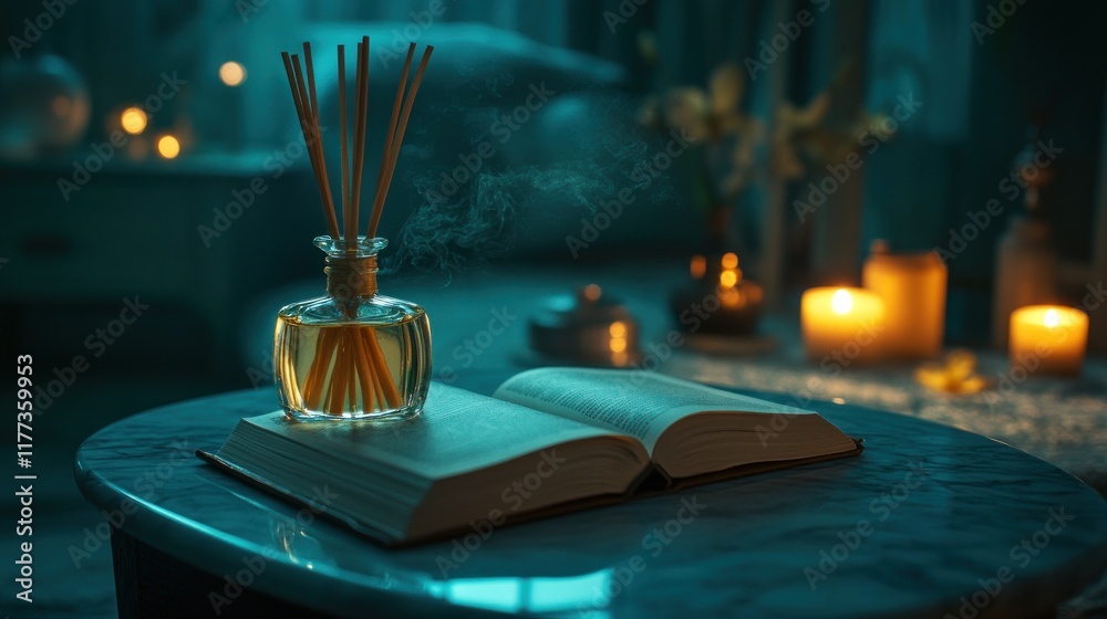 Aufkleber A serene setting with an open book, diffuser, and candles, creating a calming atmosphere.