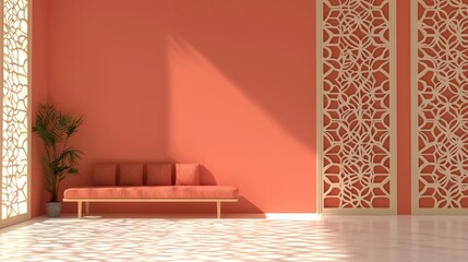 Modern Indian-Inspired Multipurpose Living Hall with Earthy Red Accent Wall and Carved Windows | Cinematic Ultra-Detailed Interior Design