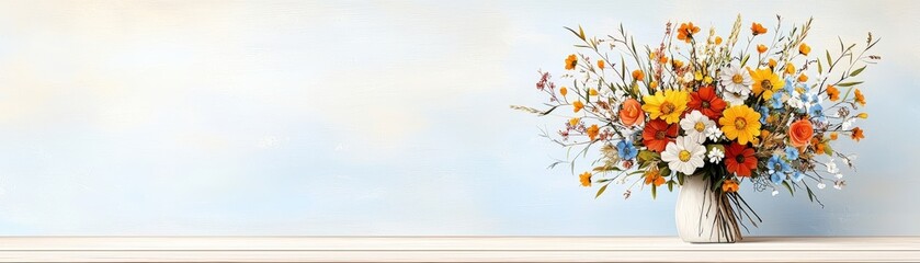 Vibrant Flowers in a White Vase Against a Soft Blue Background for Home Decor Inspiration